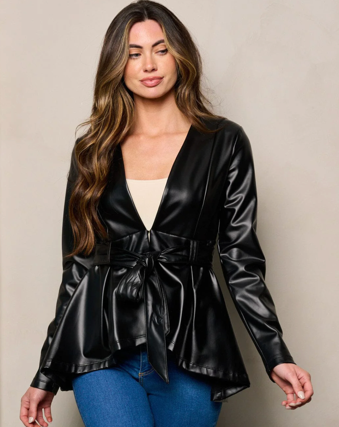 Black Faux Leather Peplum Jacket
