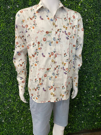 Men's European Cotton White & Floral Print Shirt