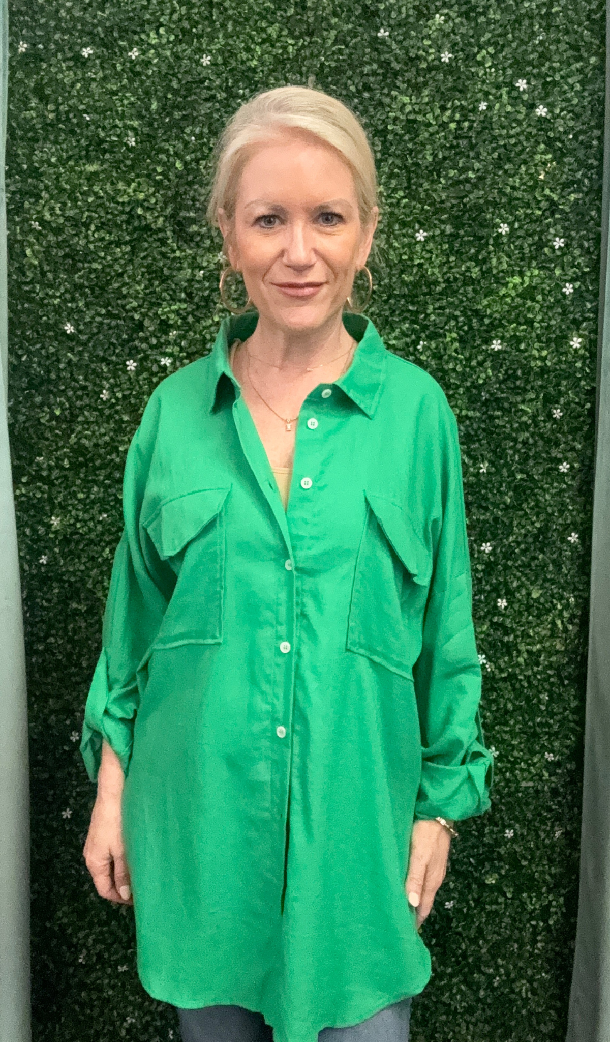 Green Linen Oversized Double Pocket Button Down Shirt