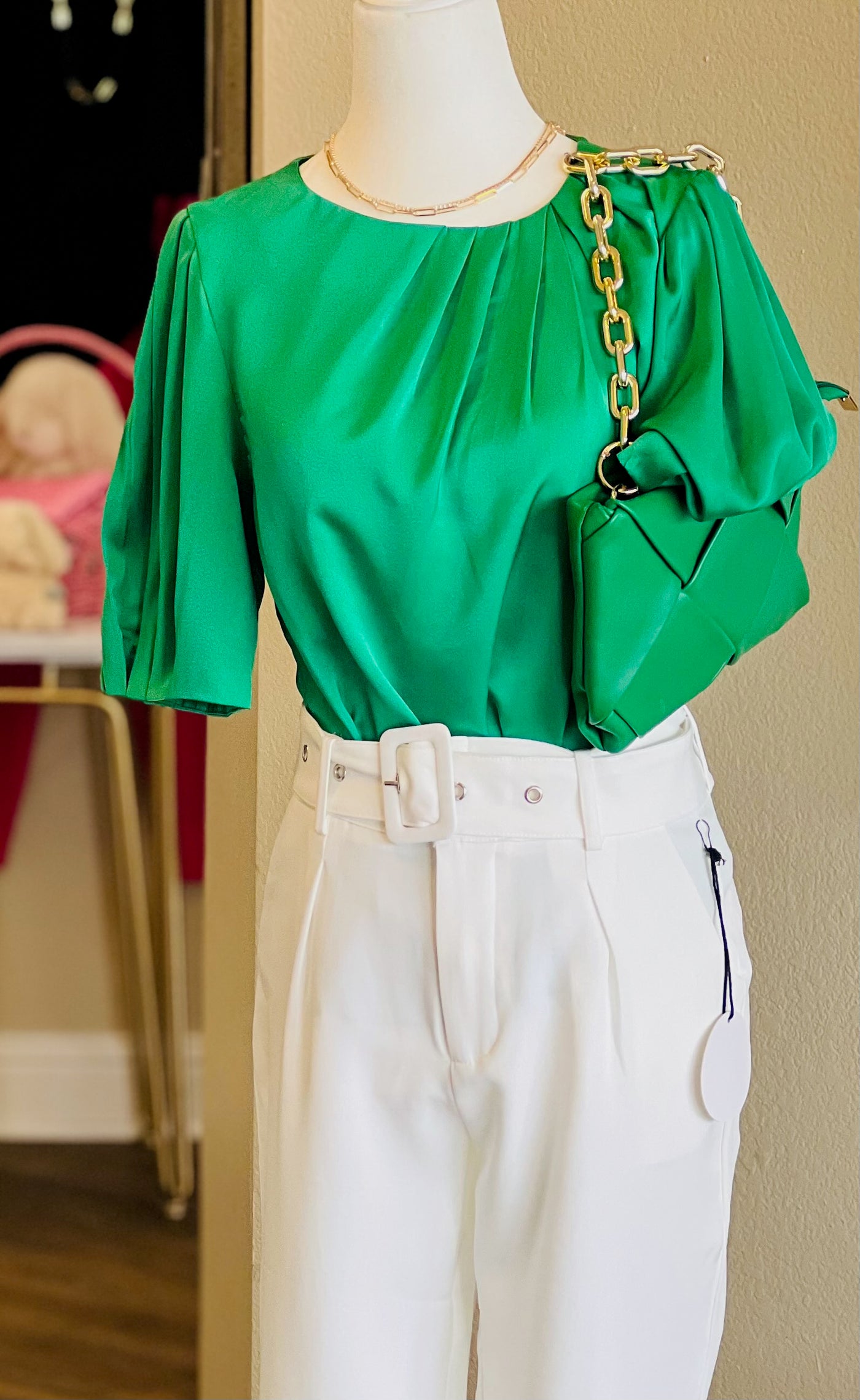 Short Sleeve Top w/ Pleated Neck Green
