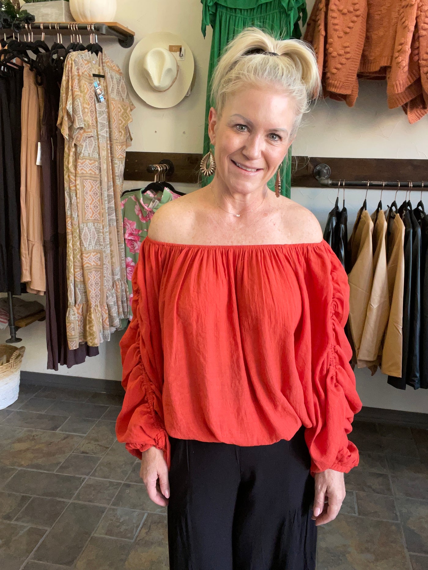 Rust Off the Shoulder with Ruched Sleeves