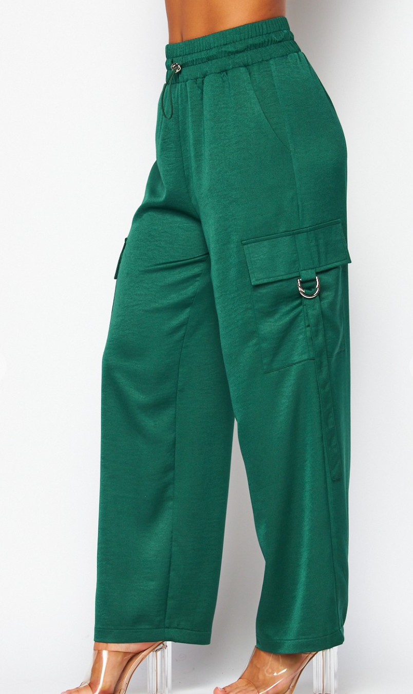 Green Satin Cargo Pants