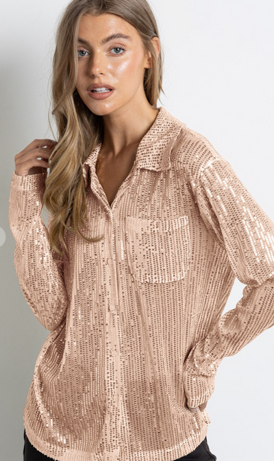 Gold Long-Sleeve Button Down Mesh Sequin Blouse
