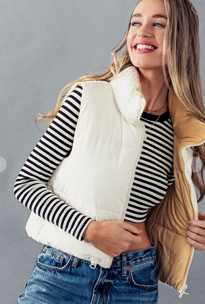 White Reversible Puffy Crop Vests