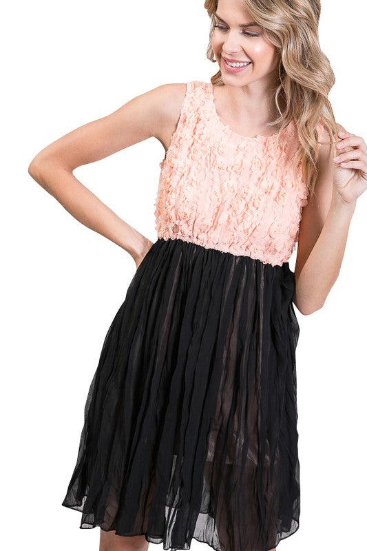 Pink/Black Flower Embellished Chiffon Dress