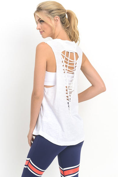 White Cutout Strap Ladder Back Muscle Tee