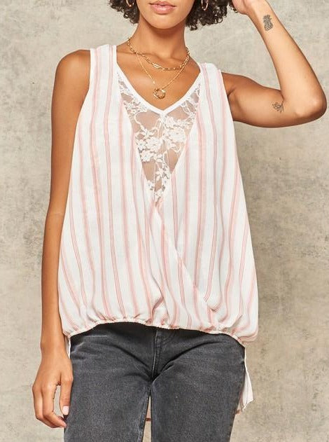 Pink Striped Lace Tank Top