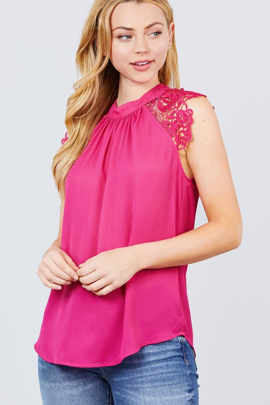 Lace Open Back Top - Hot Pink