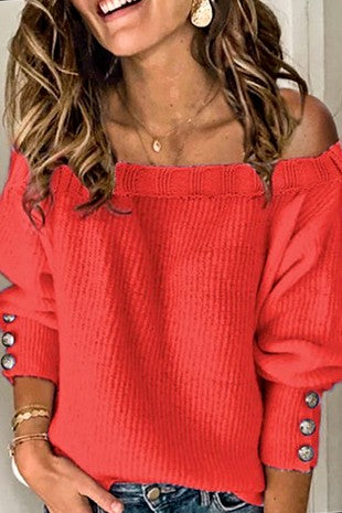 Red Off the Shoulder Puff Sleeve Sweater