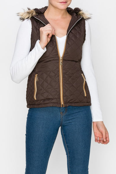 Quilted Vest with Fur Trim - Brown