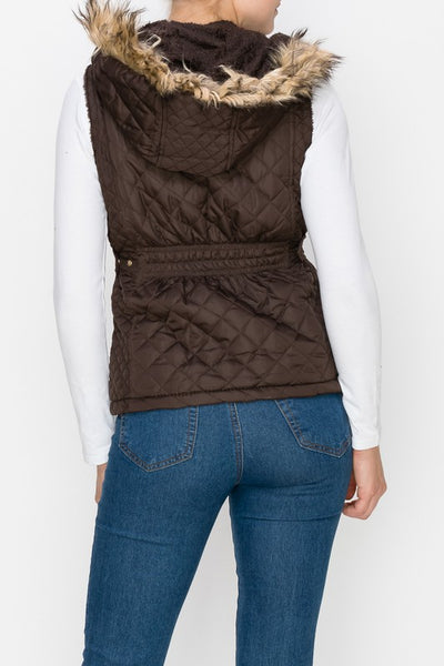Quilted Vest with Fur Trim - Brown