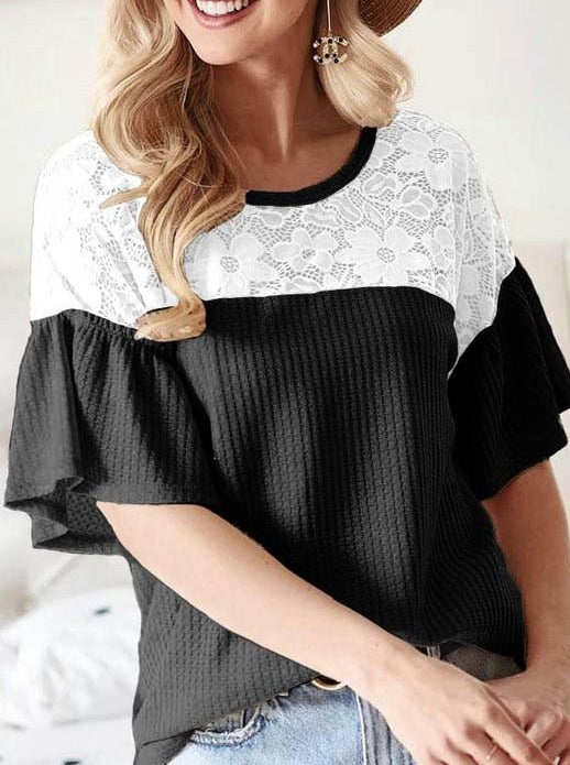 Waffle Knit, Ruffles and Lace Top