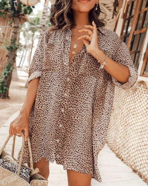 Cheetah Print Button Front Shirt Dress