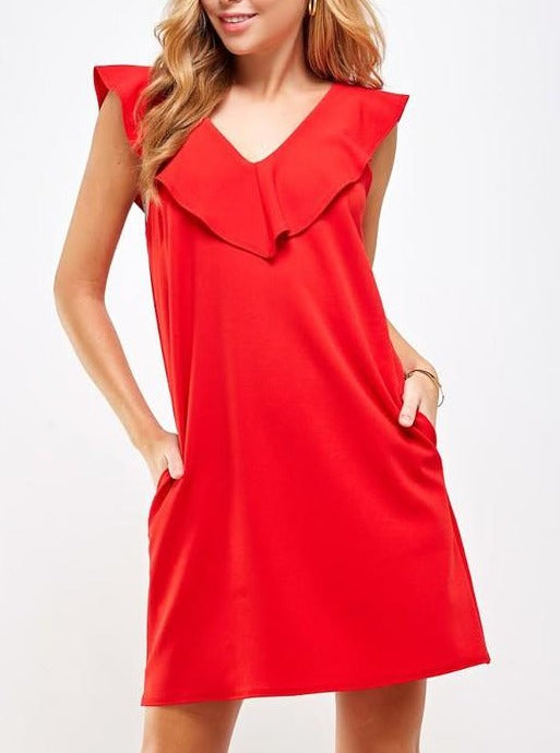 Red Solid Ruffle V-Neck Dress