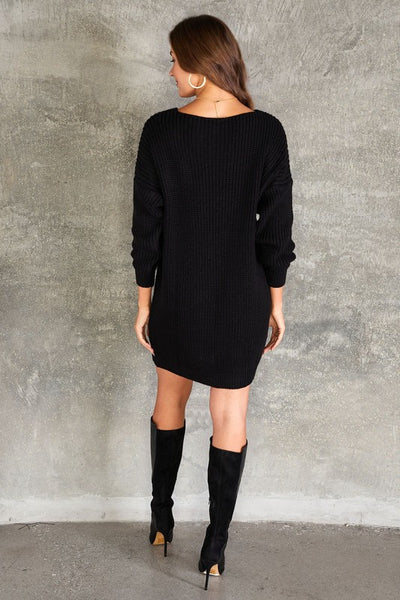 Solid Black V-Neck Sweater Dress