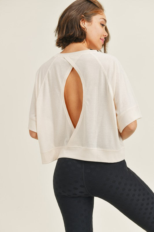 Ivory Perforated Cutout Raglan Cropped Tee
