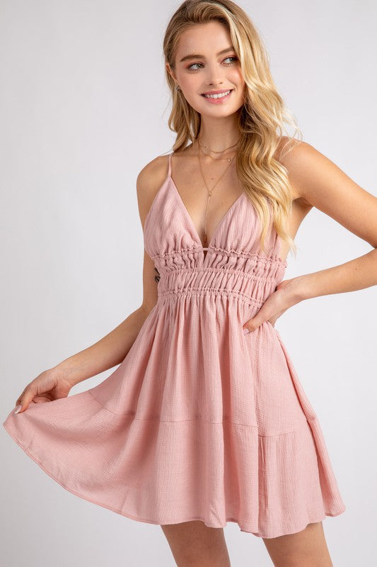Pink Woven Solid Mini Tiered Cami Dress