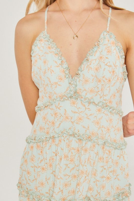 Mint Woven Print Mini Tiered Cami Dress