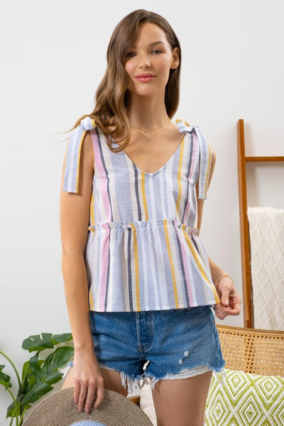 V-Neck Multi-Stipe Blouse with Ties (2 Colors)