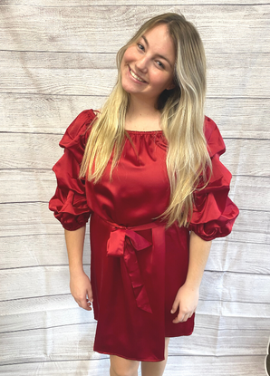 Red Wine Off the Shoulder Balloon Sleeve Dress