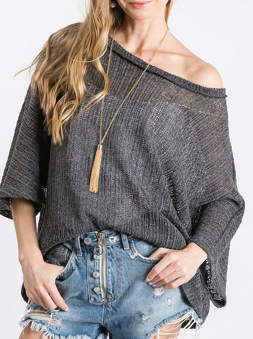 Mesh Knit Off the Shoulder Sweater - Charcoal