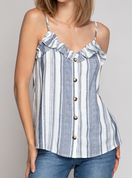 Navy Striped Cami with Ruffles