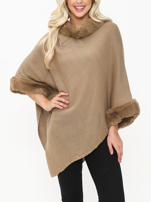 Fur Trimmed Taupe Poncho