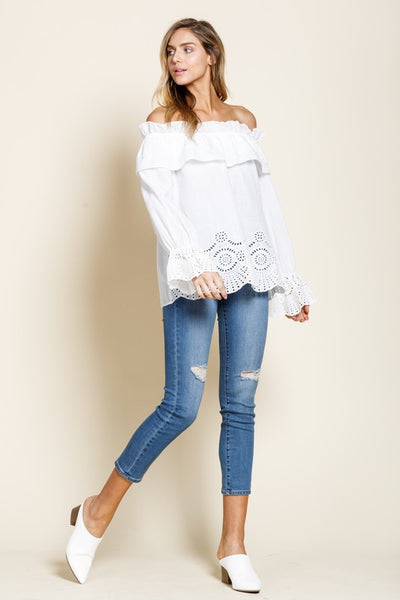 Embroidered Off the Shoulder Top - White