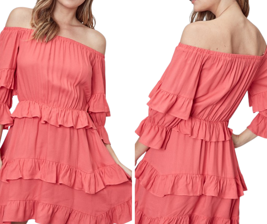 Coral Ruffle Off the Shoulder Dress