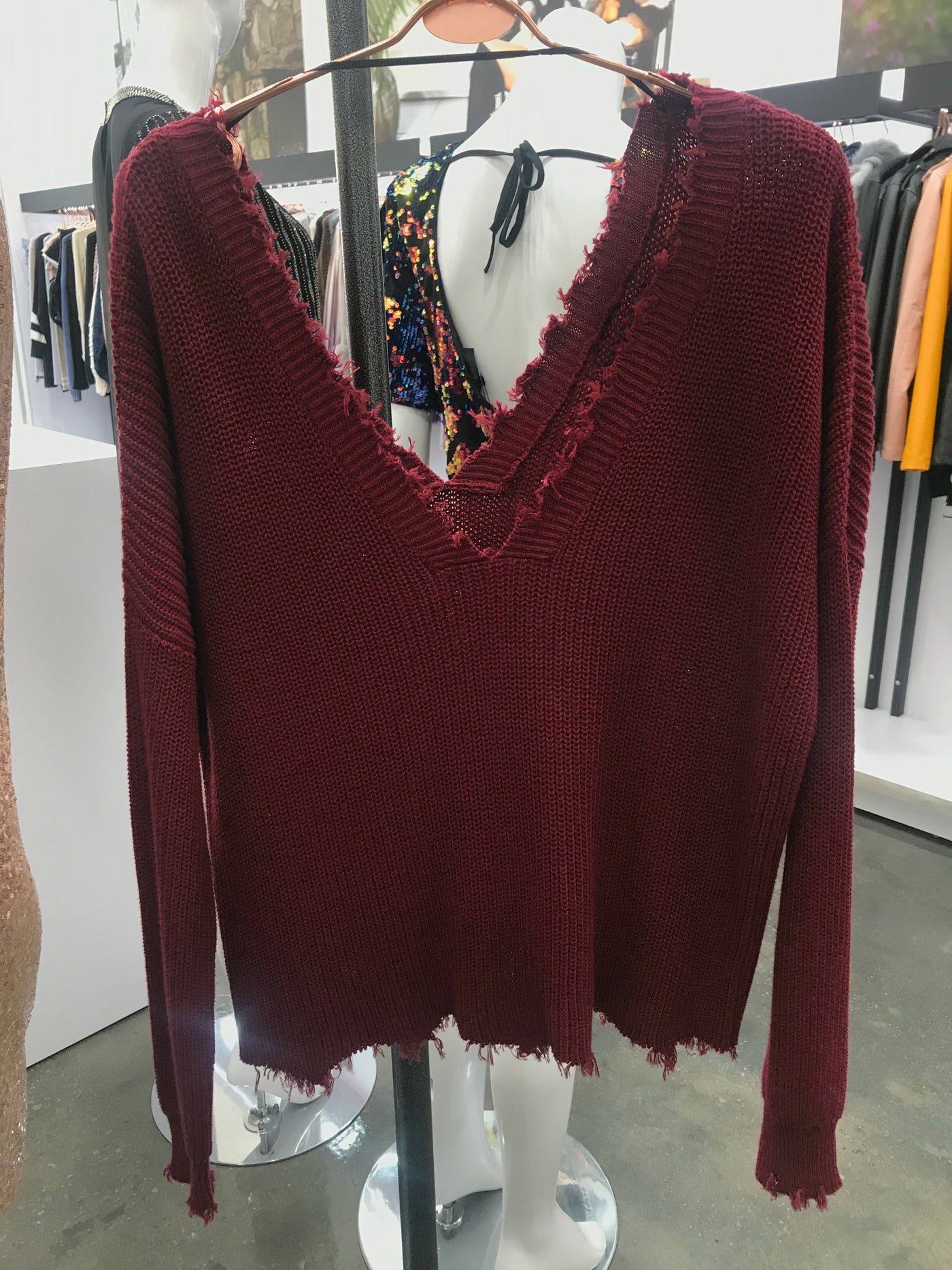 Burgundy Frayed V Neck Sweater