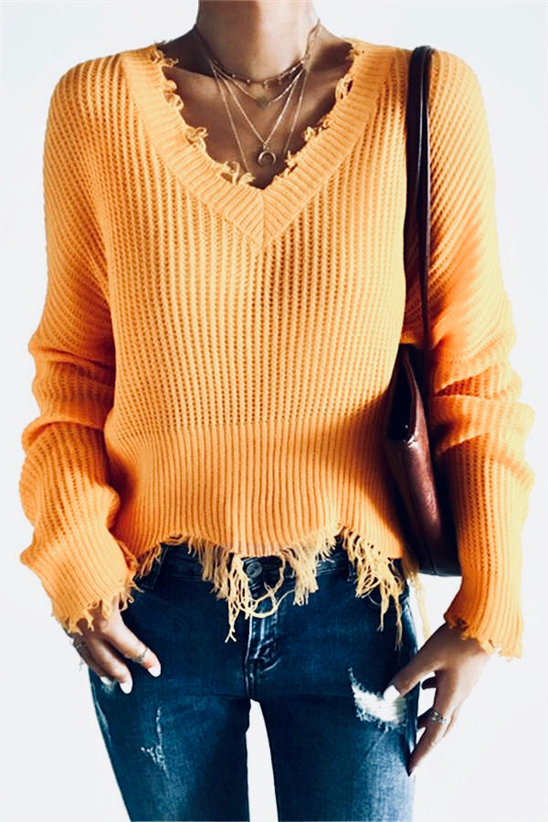 Marigold Frayed V Neck Sweater
