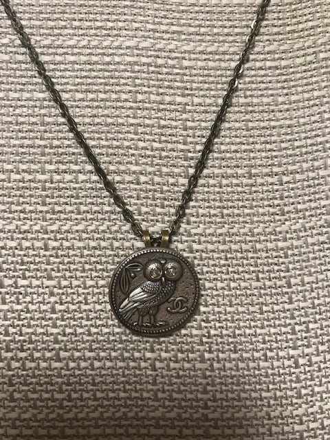Chanel Upcycled Authentic Designer Button Owl Necklace