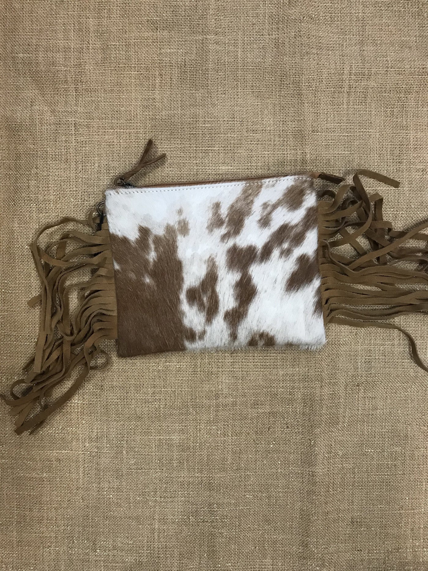 Brown & White Hide Crossbag with Fringle