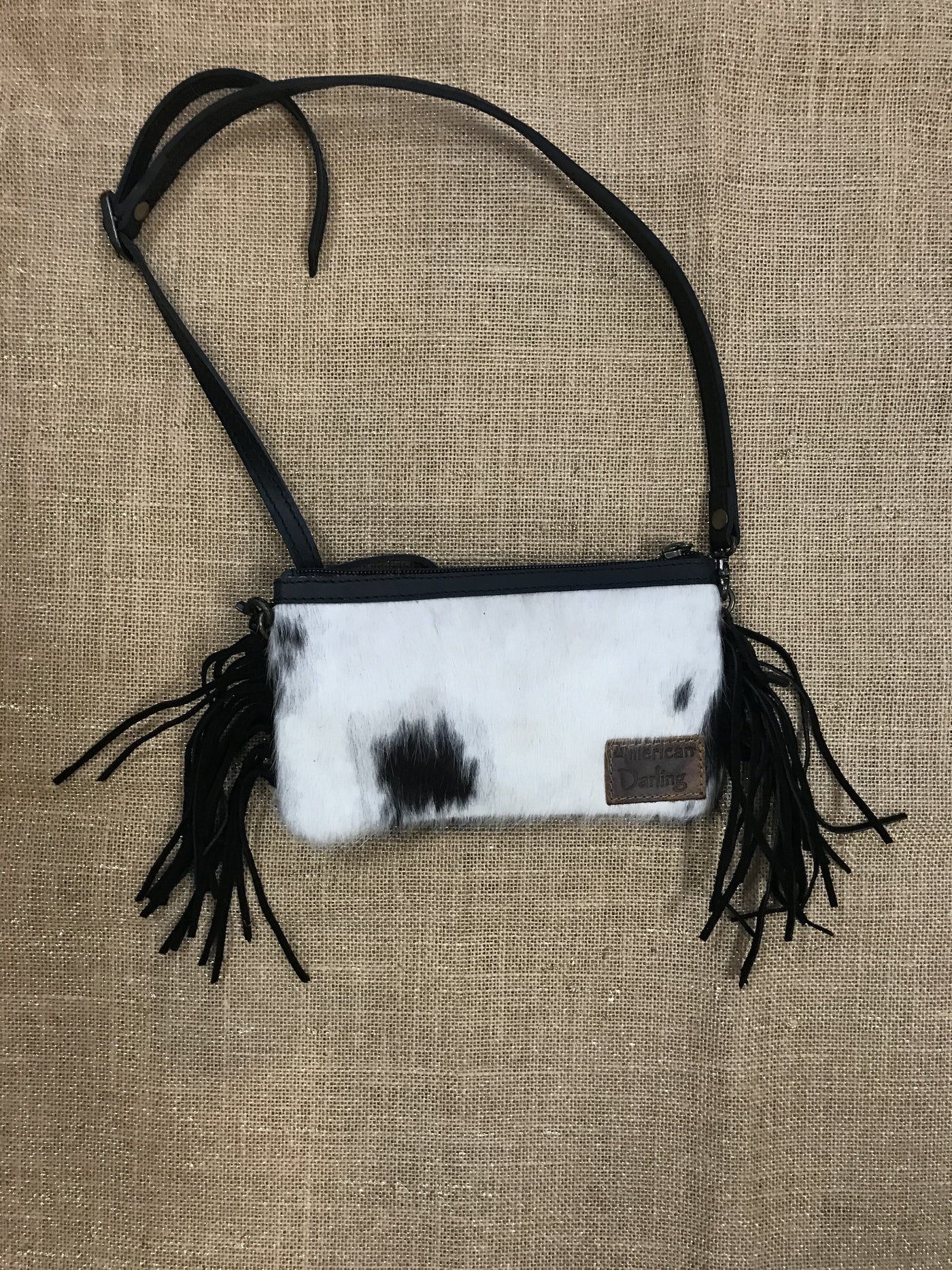 Black w/White Hide Small Crossbag with Fringe