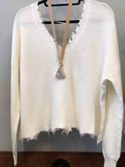 Cream Frayed V Neck Sweater
