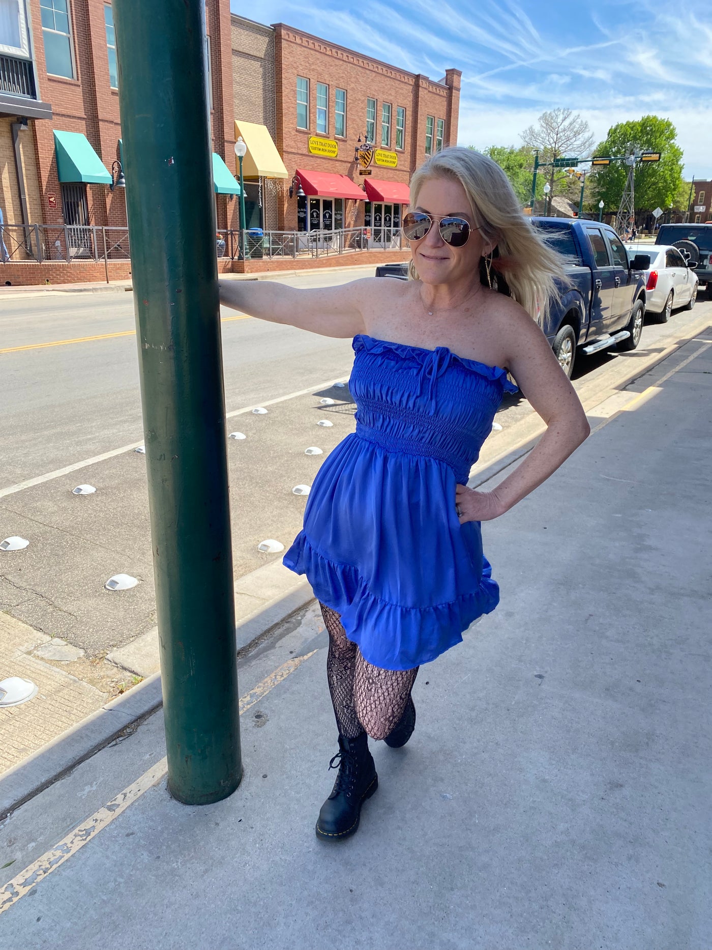 Bright Blue Strapless Ruffle Bottom Mini Dress