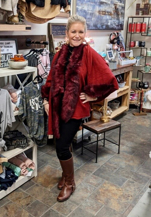 Deep Red Fur Trimmed Wrap - ONE SIZE