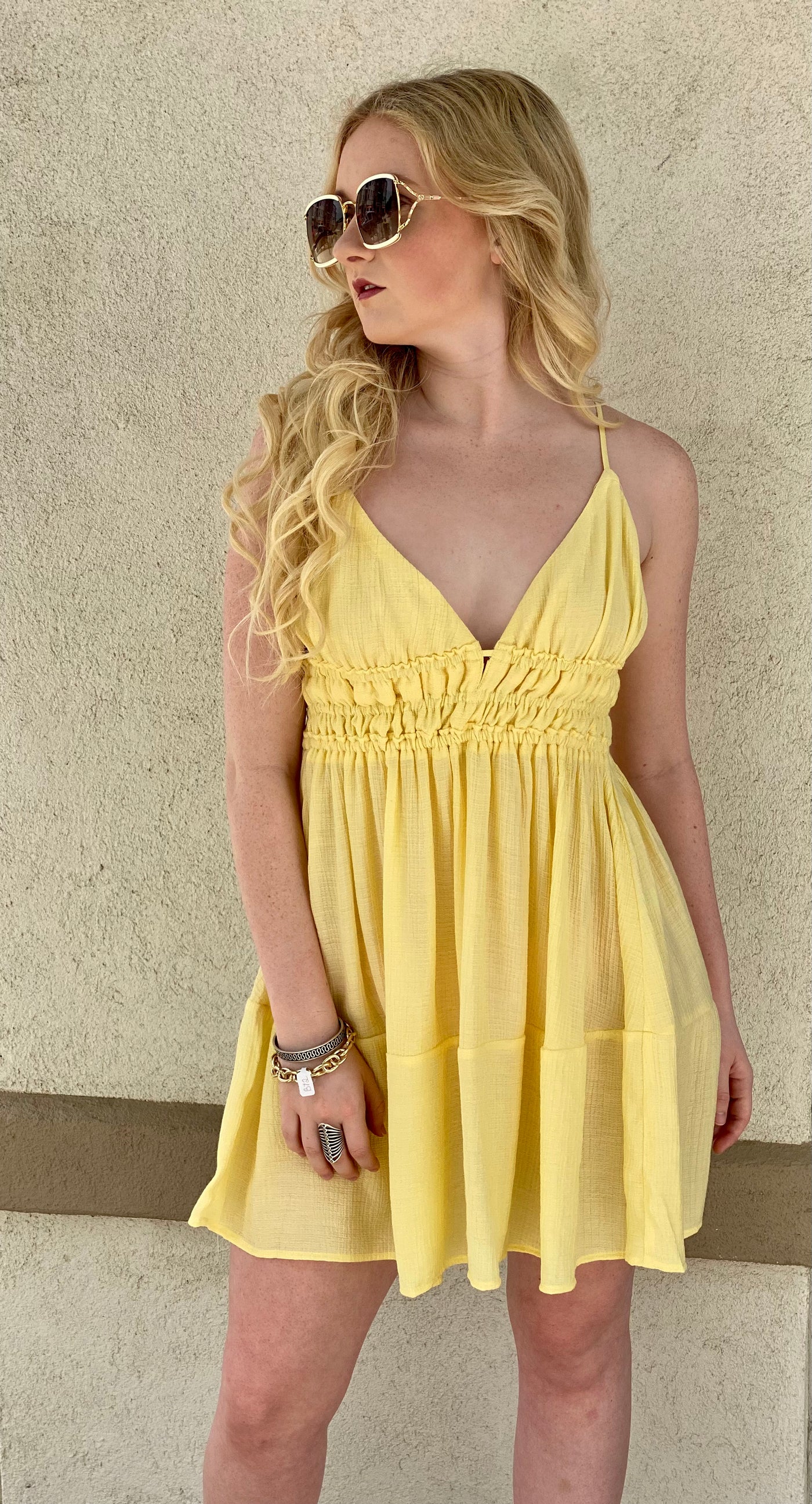 Yellow Woven Solid Mini Tiered Cami Dress