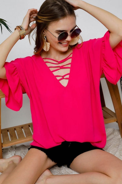 Fuchsia Lace Up with Bell Sleeves