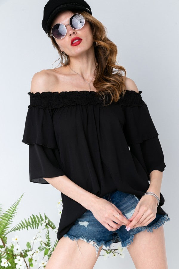 Off the Shoulder Ruffle Blouse - Black