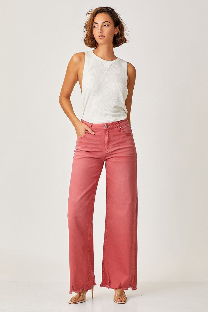 High Rise Wide Flare Jeans- Coral