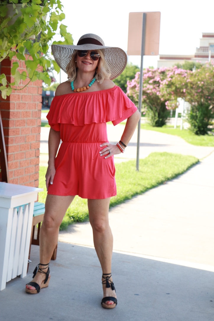 Ruffled Off the Shoulder Romper - Coral