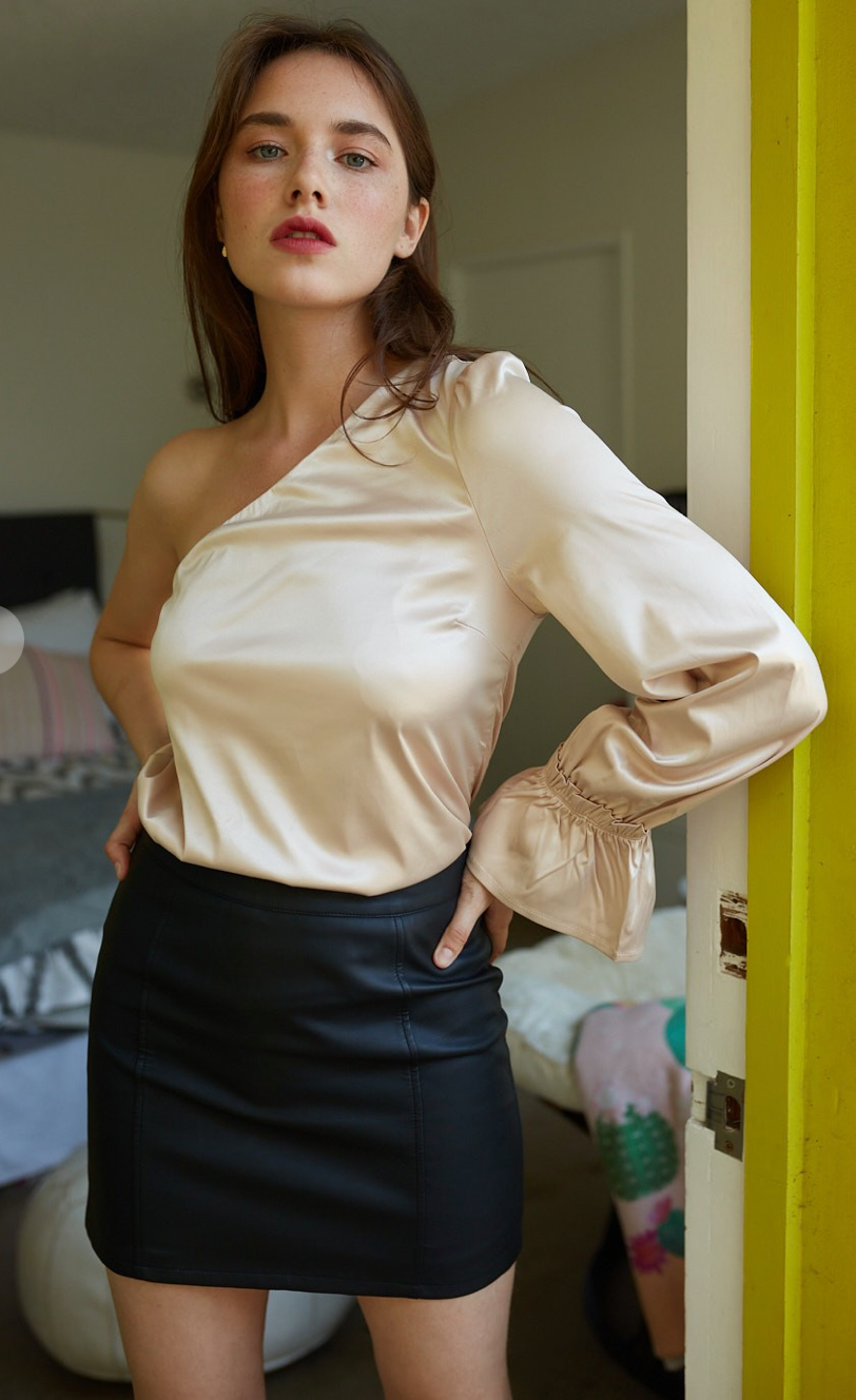 Champagne One Shoulder Balloon Sleeve Blouse