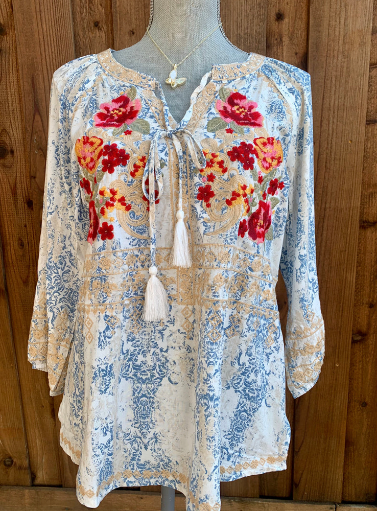 Blue & Tab Embroidered 3/4 Sleeve Blouse