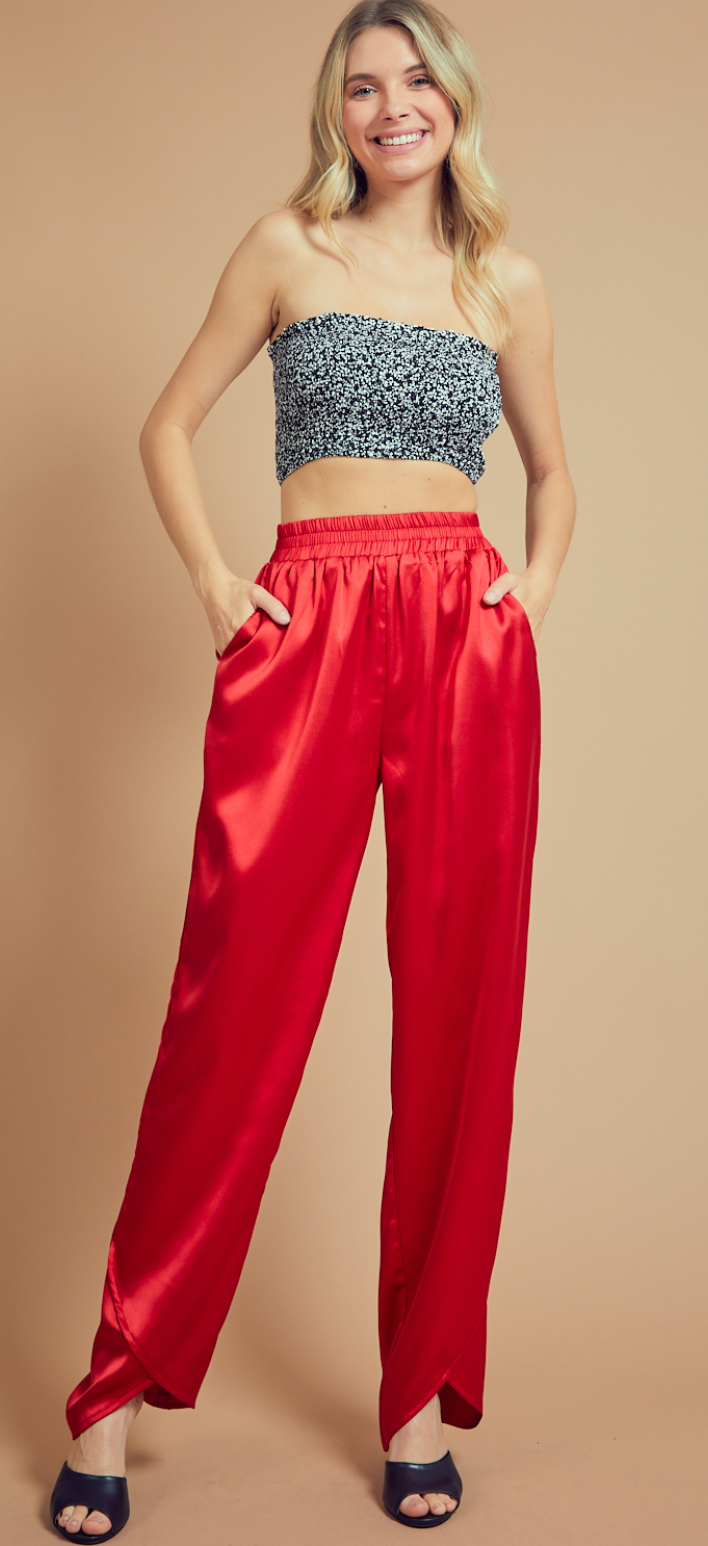 Red Silky Straight Pants