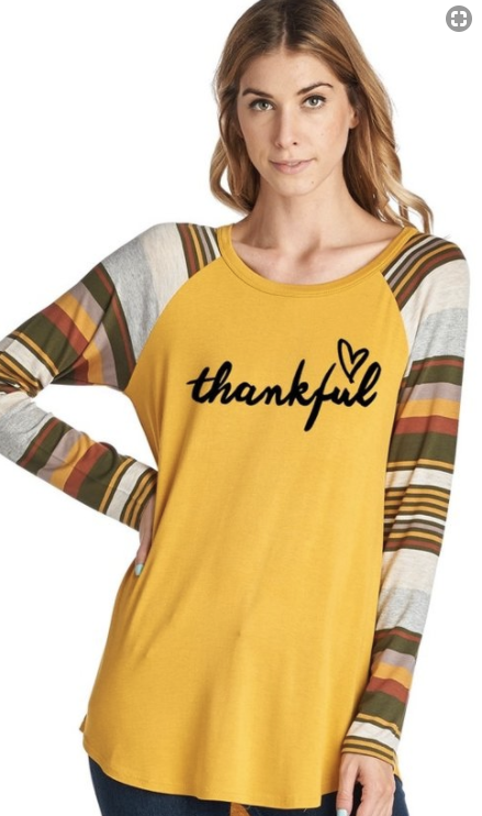 Thankful Long Sleeve Top with Striped Sleeves