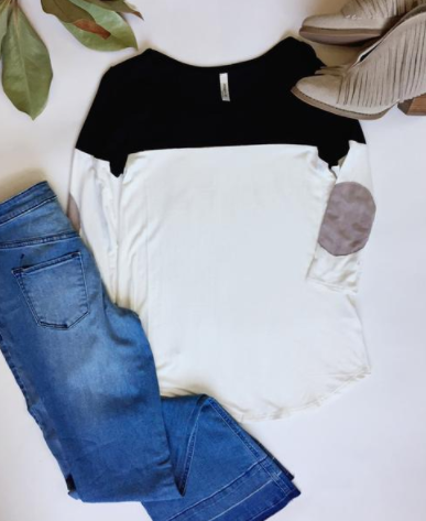 Color Block Top with Suede Elbow Patches - Various Colors