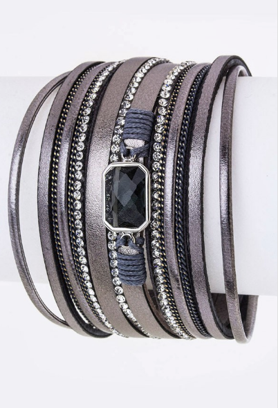 Crystal Layer Leather Cuff Bracelet