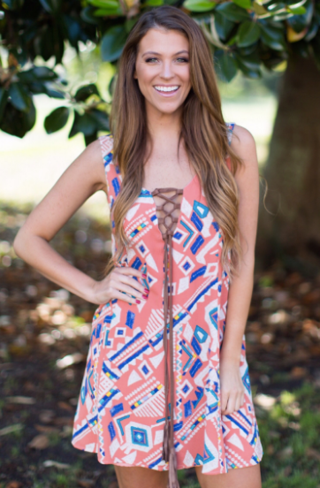 Coral Aztec Shift Dress with Suede Lace Up Tie