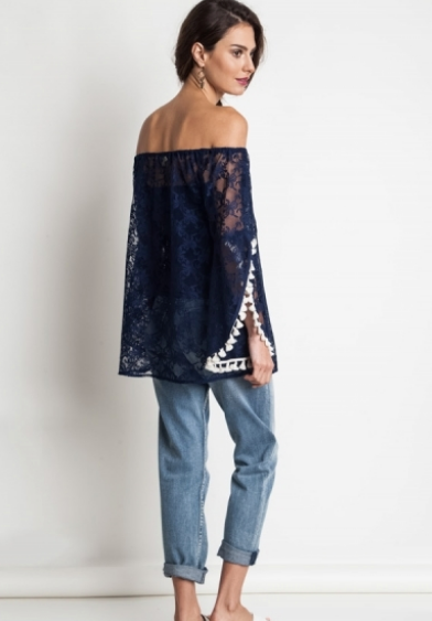 Off the Shoulder Navy Lace with Tassel Sleeves